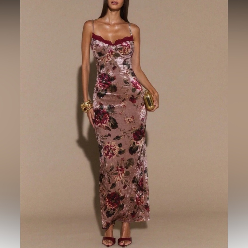 Floral Velvet Slip Dress with Burgundy Trim